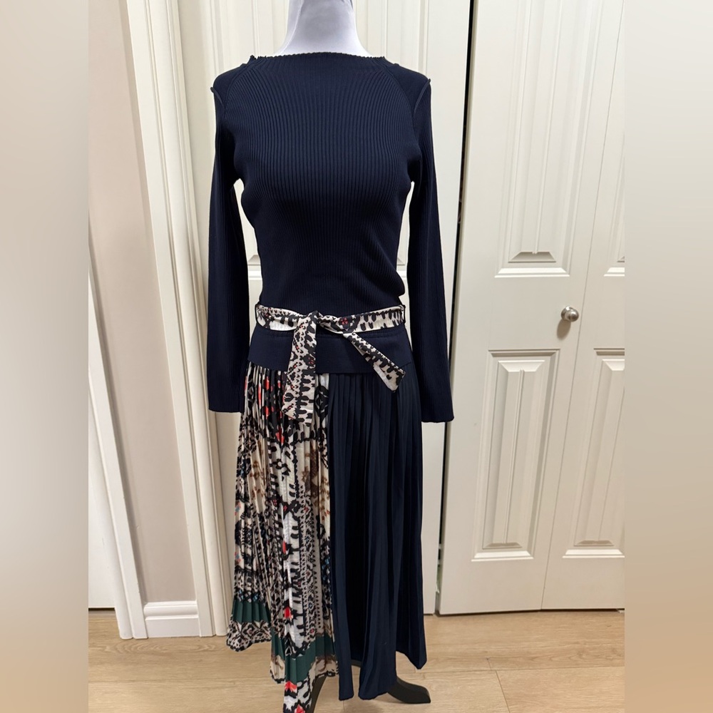 Navy Long Sleeve Dress with Pleated Patterned Skirt by Dahlia MacPhee Sz M